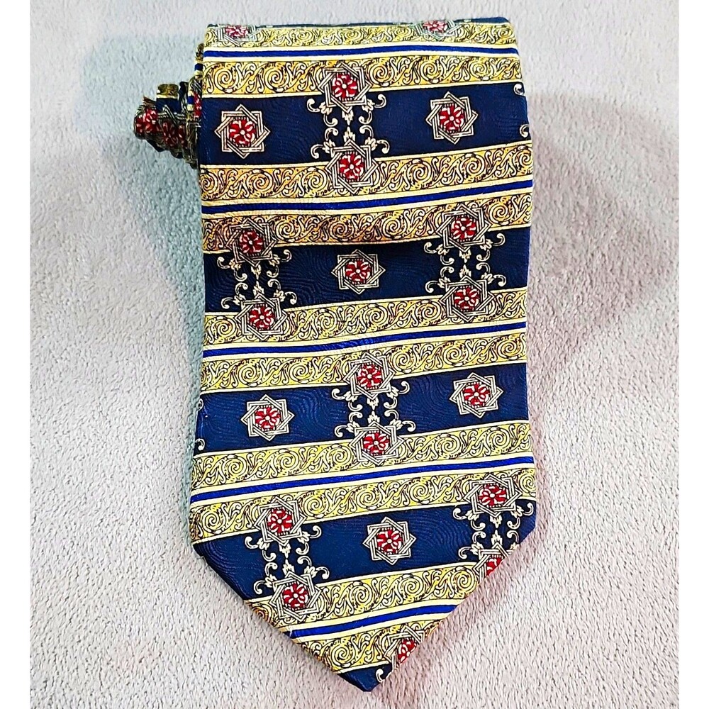 Townne Square Woven Silk Striped Pointed Tie Blue Gold Red Abstract